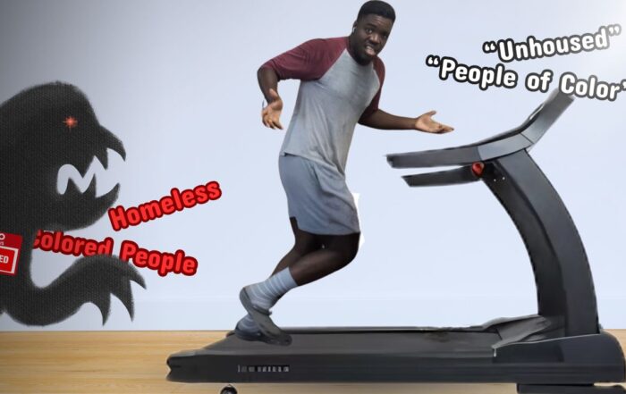 Man runs on a "euphemism" treadmill, escaping the cancellation monster, leaving behind obsolete terms like "colored people" and running toward new terms like "people of color"