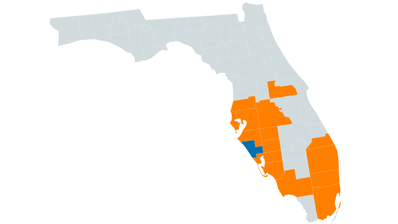 Map of Florida, highlighting counties where services are rendered