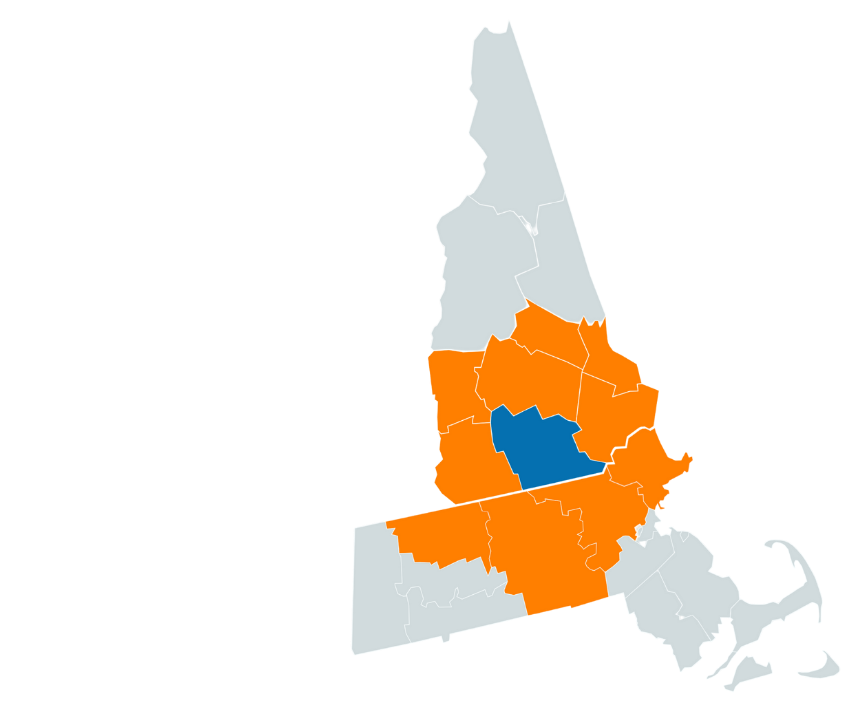 Map of Massachusetts and New Hampshire with counties of the coverage area highlighted