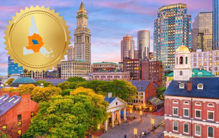 View of Boston cityscape and seal representing Northern Massachusetts and Southern New Hampshire